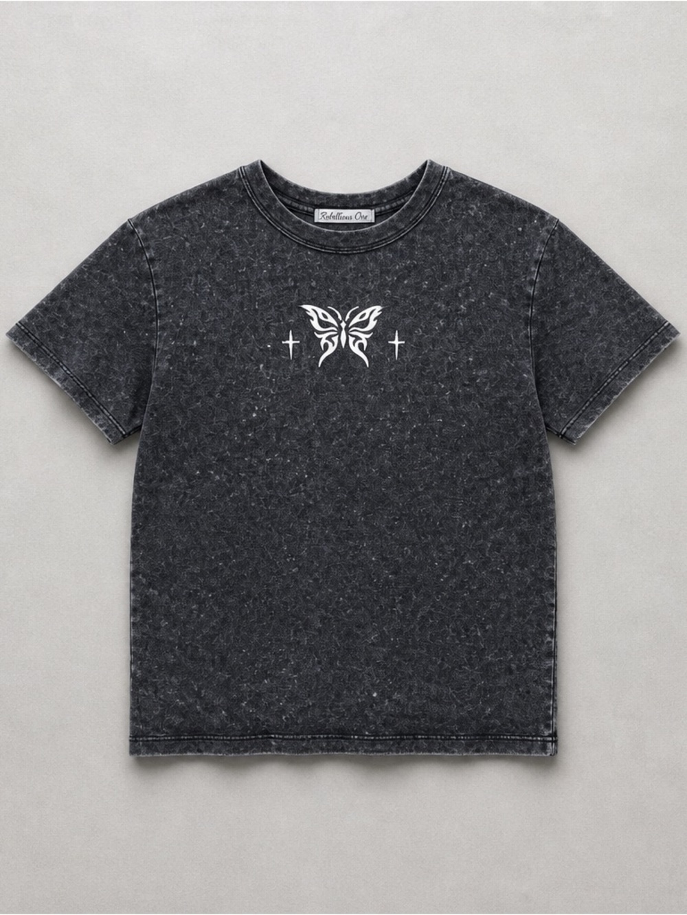 Rebellious‎ One Black Mineral-Wash Tee with White Butterfly & Crosses